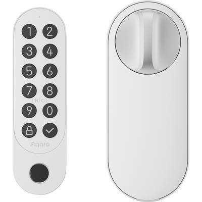 Elektronický zámok s klávesnicou a NFC technológiou; zobrazuje numerickú klávesnicu na otváranie dverí a oválny uzamykací systém.