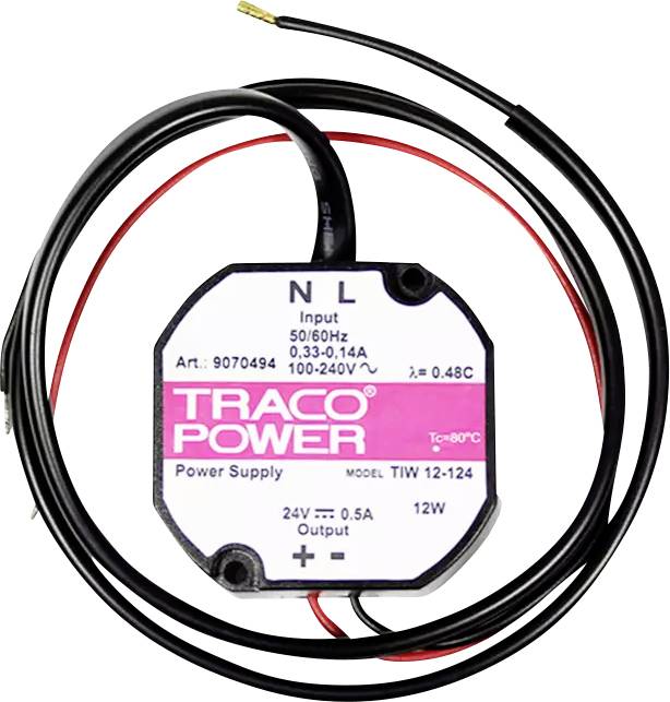 Okrúhly napájací adaptér od Traco Power s káblami. Nápis: 'TRACO POWER', Vstup: 50/60 Hz, 0,3-0,14 A, 100-240 V, Výstup: 24 V, 0,5 A, 12 W.