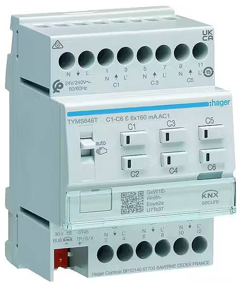 Elektrický modul so svorkami, spínačmi a označeniami pre riadiace a ochranné účely v elektrických systémoch.