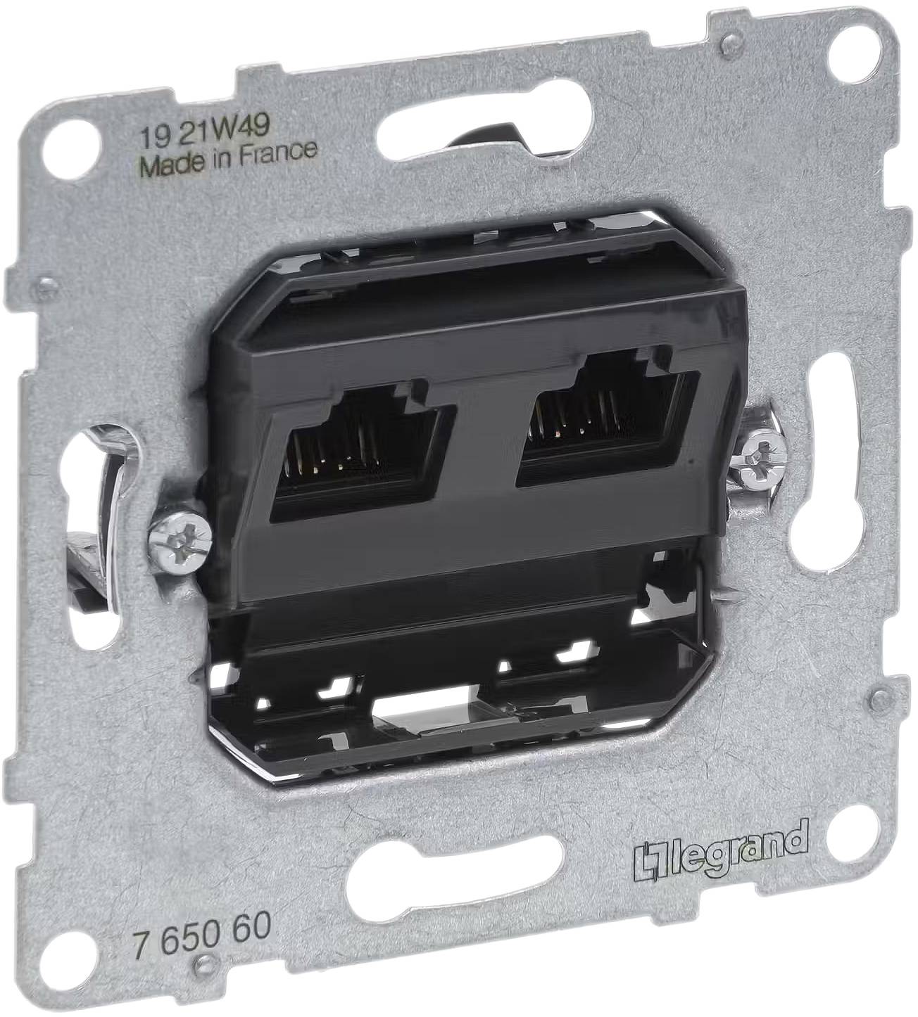Dva sieťové konektory RJ45 v kovovom držiaku, vyrobené vo Francúzsku. Výrobca 'Legrand'.