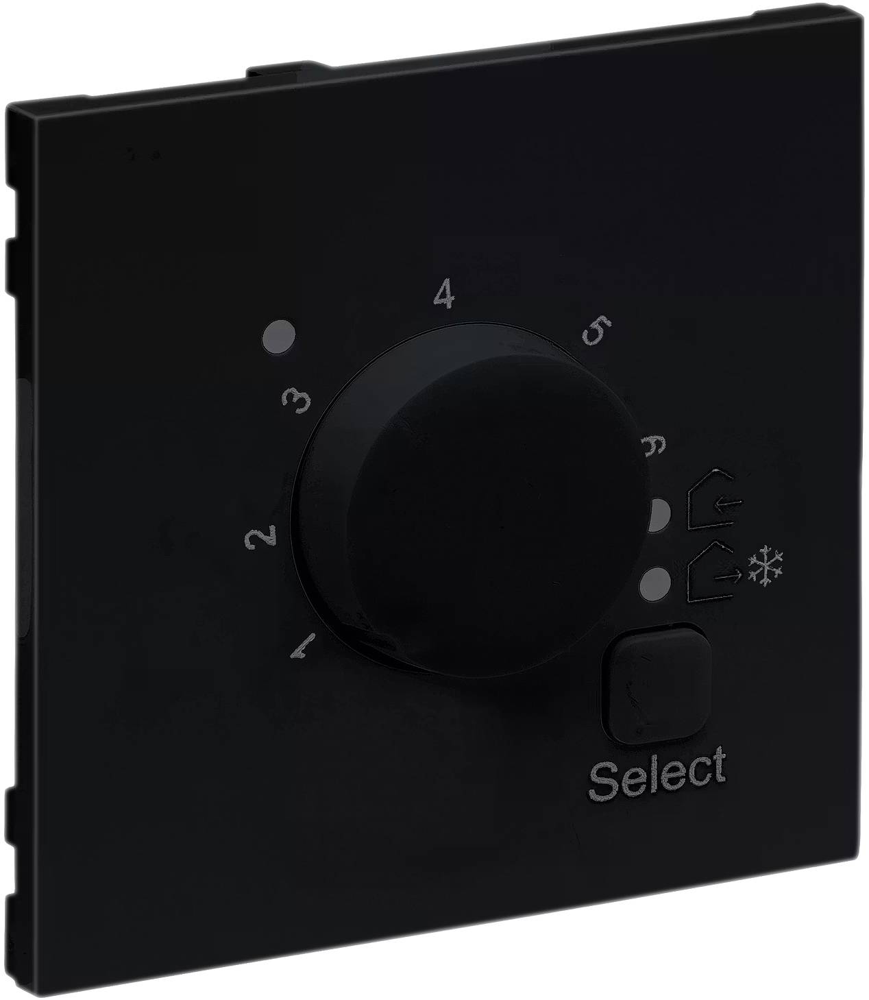 Čierny otočný ovládač so stupnicou od 1 do 5. Nápis "Select" pod ním, symboly šípok a vločky vpravo.