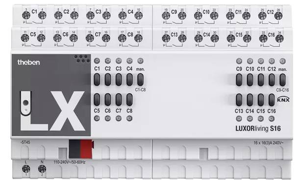 Elektrické riadiace zariadenie s viacerými svorkami, označenými od C1 do C16. Obchodná značka 'LUXONIC' viditeľná dole vpravo.