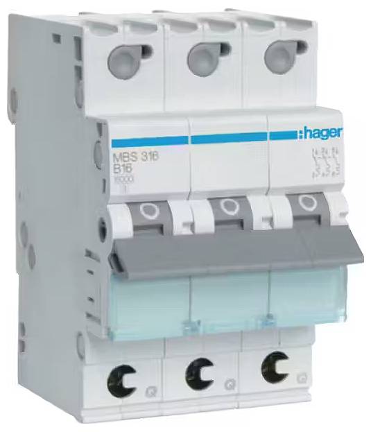 Trojpólový ochranný istič značky Hager, modelová rada MBS 316 B16, vhodný pre použitie v elektrických obvodoch.