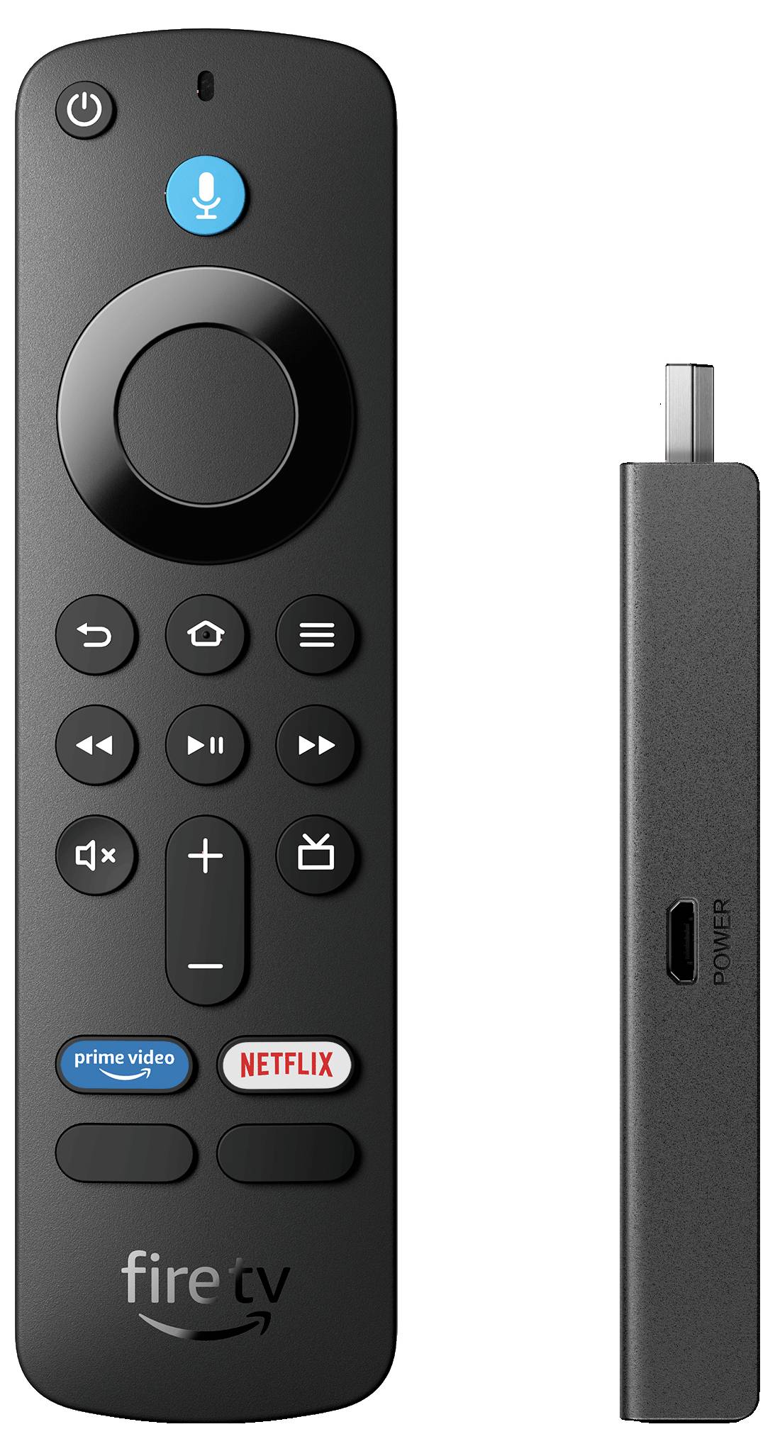Čierne diaľkové ovládanie s modrými, bielymi a červenými tlačidlami pre hlasové ovládanie, Prime Video a Netflix. Vedľa neho HDMI streaming adaptér.