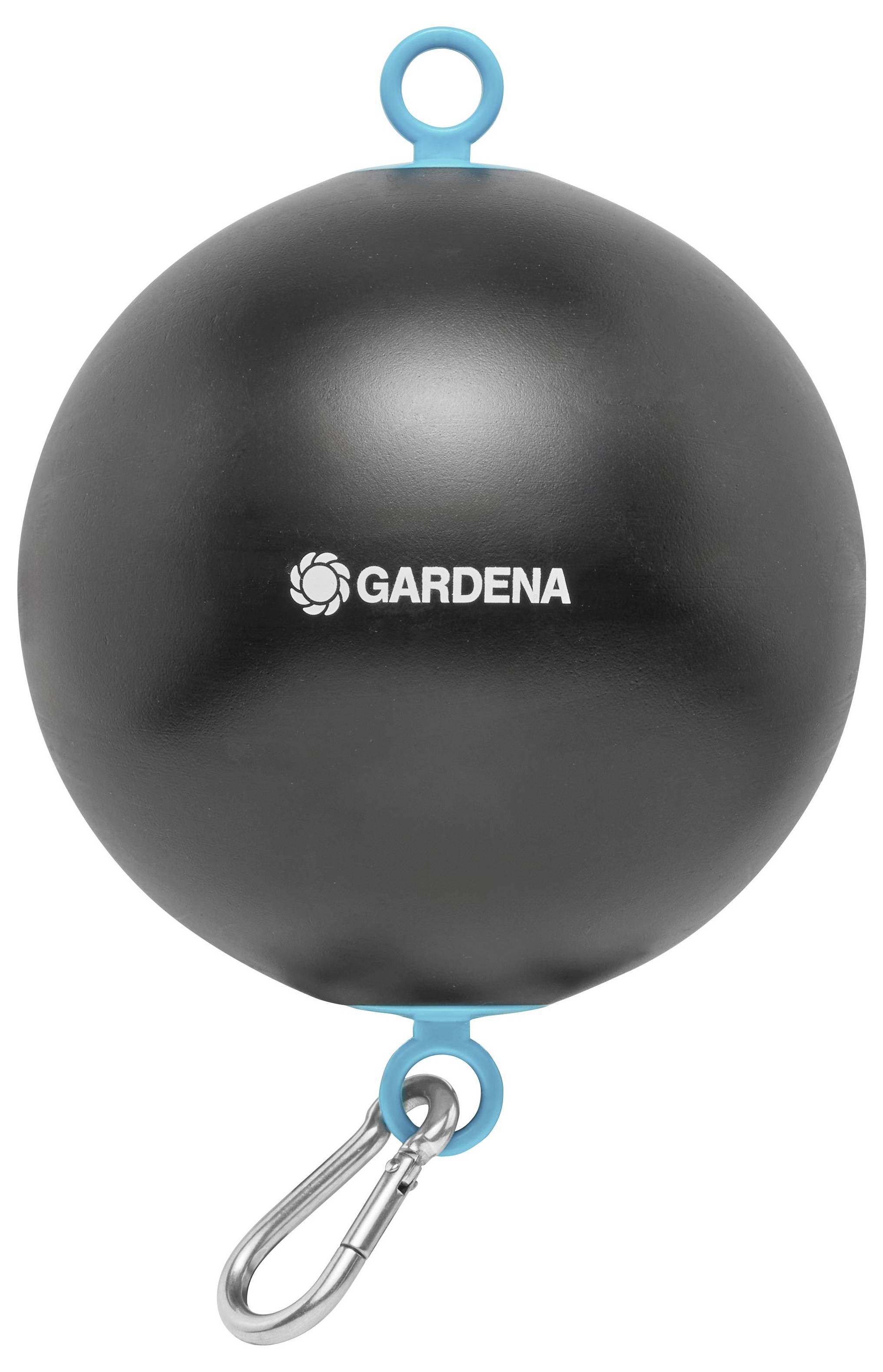 Čierny, guľovitý plavákový spínač s dvoma modrými úchytnými okami a kovovým klipom, s logom značky 'GARDENA' v strede.