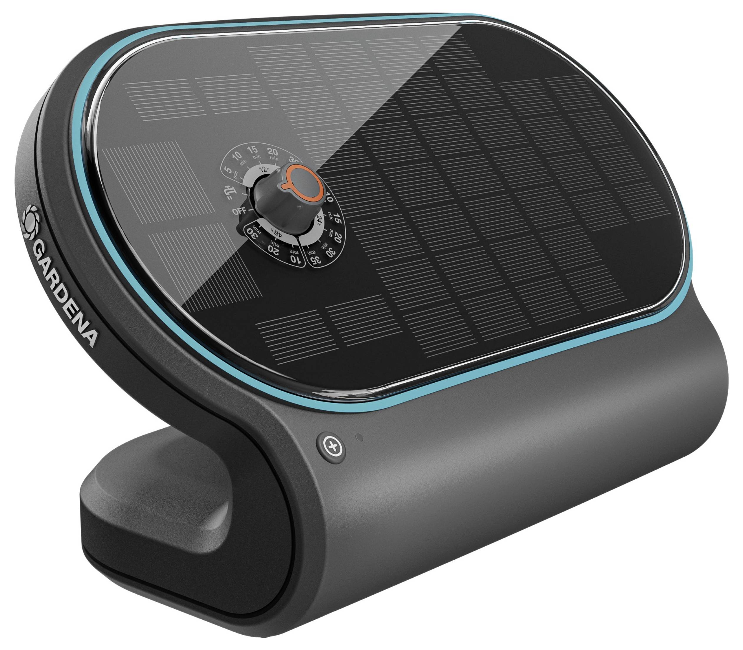 Záhradný zavlažovací časovač so solárnym panelom a regulátorom od Gardeny. Zariadenie má elegantný, moderný dizajn.