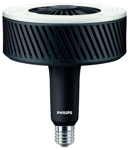 Čierna LED lampa Philips s moderným valcovitým dizajnom a päticou E27. Vhodná pre priemyselné použitie.