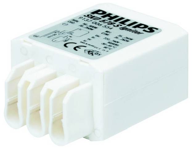 Štartér s nápisom 'PHILIPS S10 starters ignitor', vhodný pre žiarivkové lampy. Biela, obdĺžniková forma s tromi vývodmi.