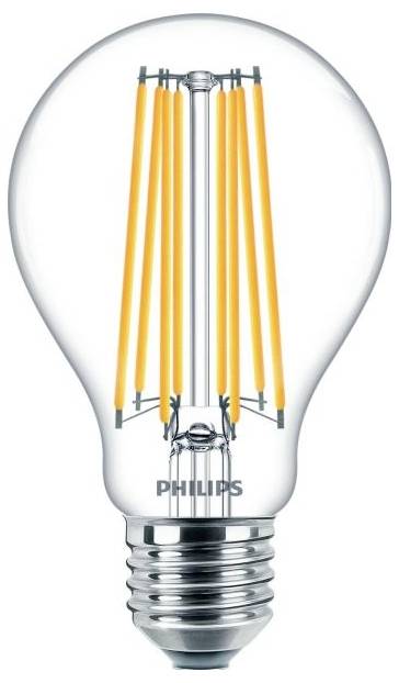 Priehľadná žiarovka so zelenými žeraviacimi vláknami, na objímke s názvom značky 'Philips'.