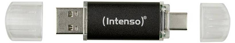 Čierny USB kľúč značky 'Intenso', zobrazený s oboma nasadenými krytkami; má konektory USB-A a USB-C.