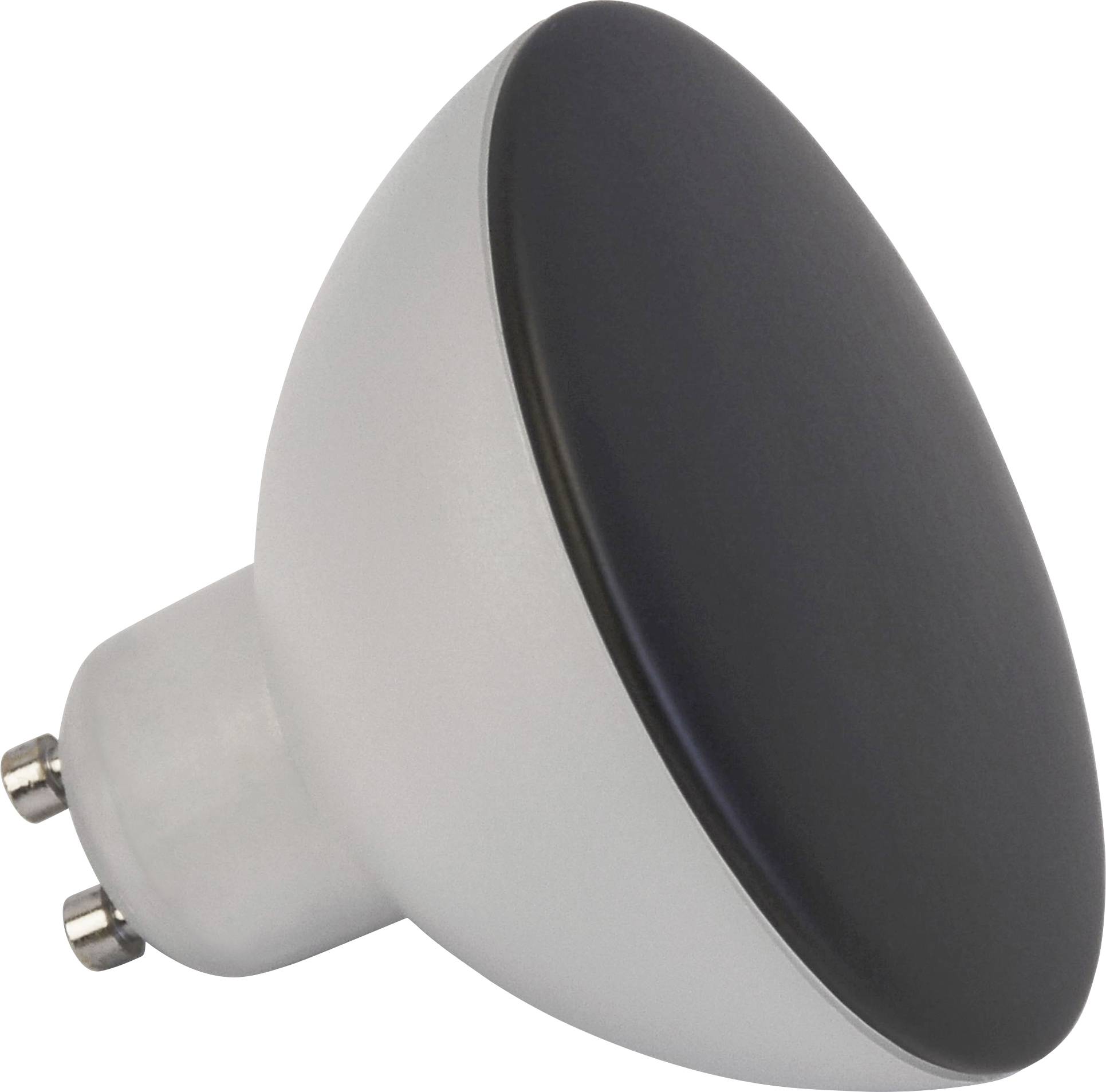 LED reflektor s päticou GU10 v čiernom dizajne. Ide o moderný úsporný svetelný zdroj.