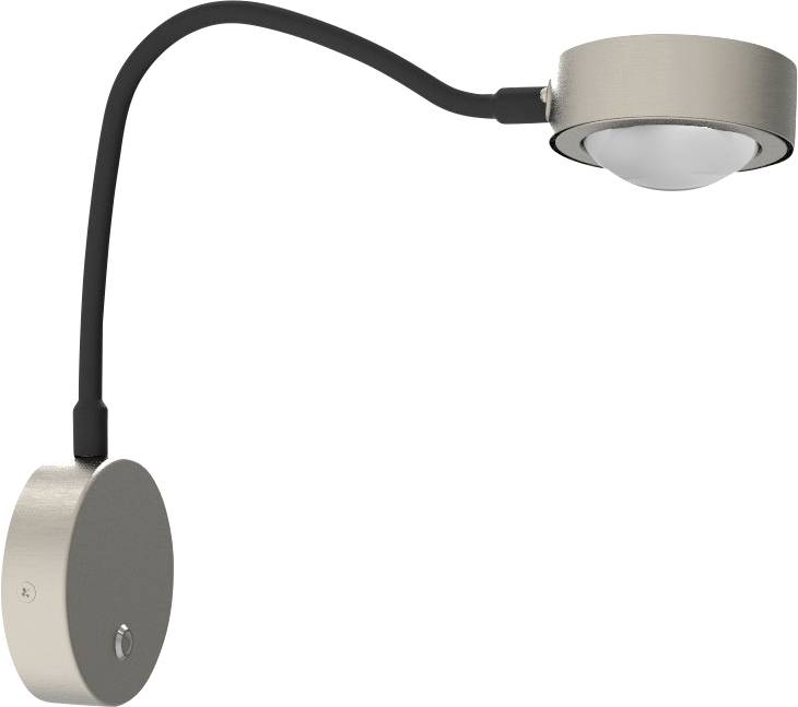 Kovová, pohyblivá LED nástenná lampa s okrúhlym tienidlom a nastaviteľným ramenom, ideálna na akcentové osvetlenie v moderných interiéroch.