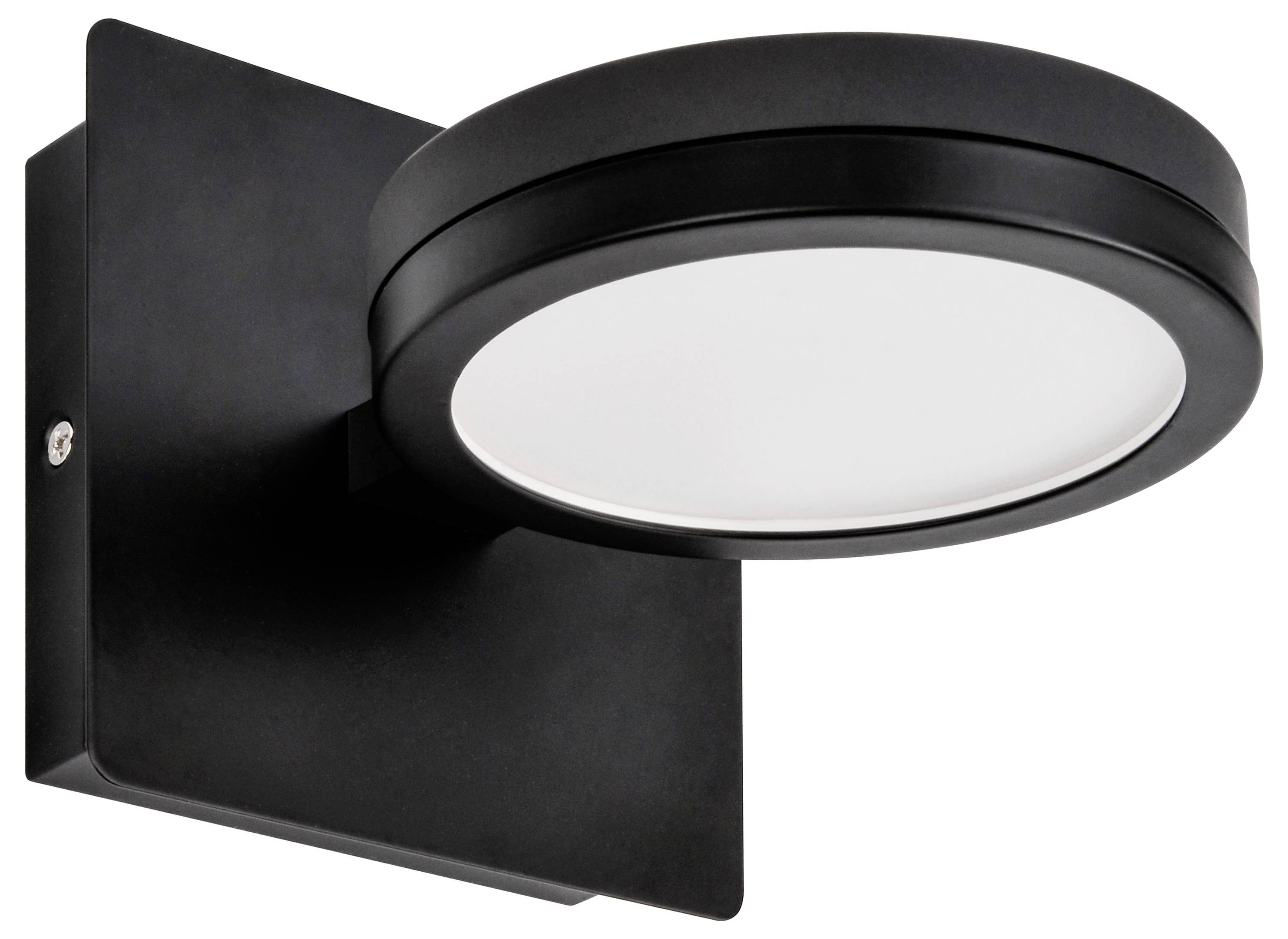 Čierna, okrúhla nástenná lampa s nastaviteľnou hlavou a moderným dizajnom, ideálna do interiéru.