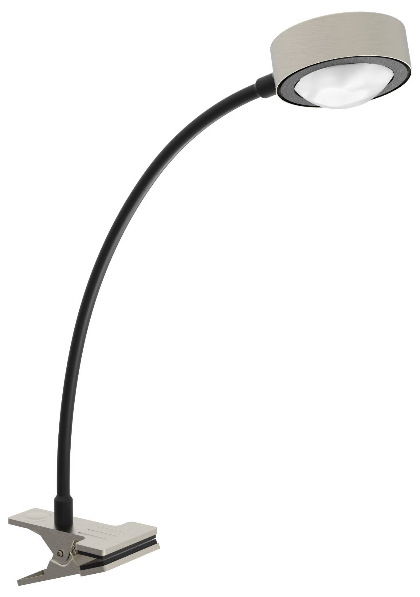 Klipsová lampa s flexibilným krkom v čiernej a striebornej farbe, moderného dizajnu, určená na upevnenie na okraje stola alebo políc.