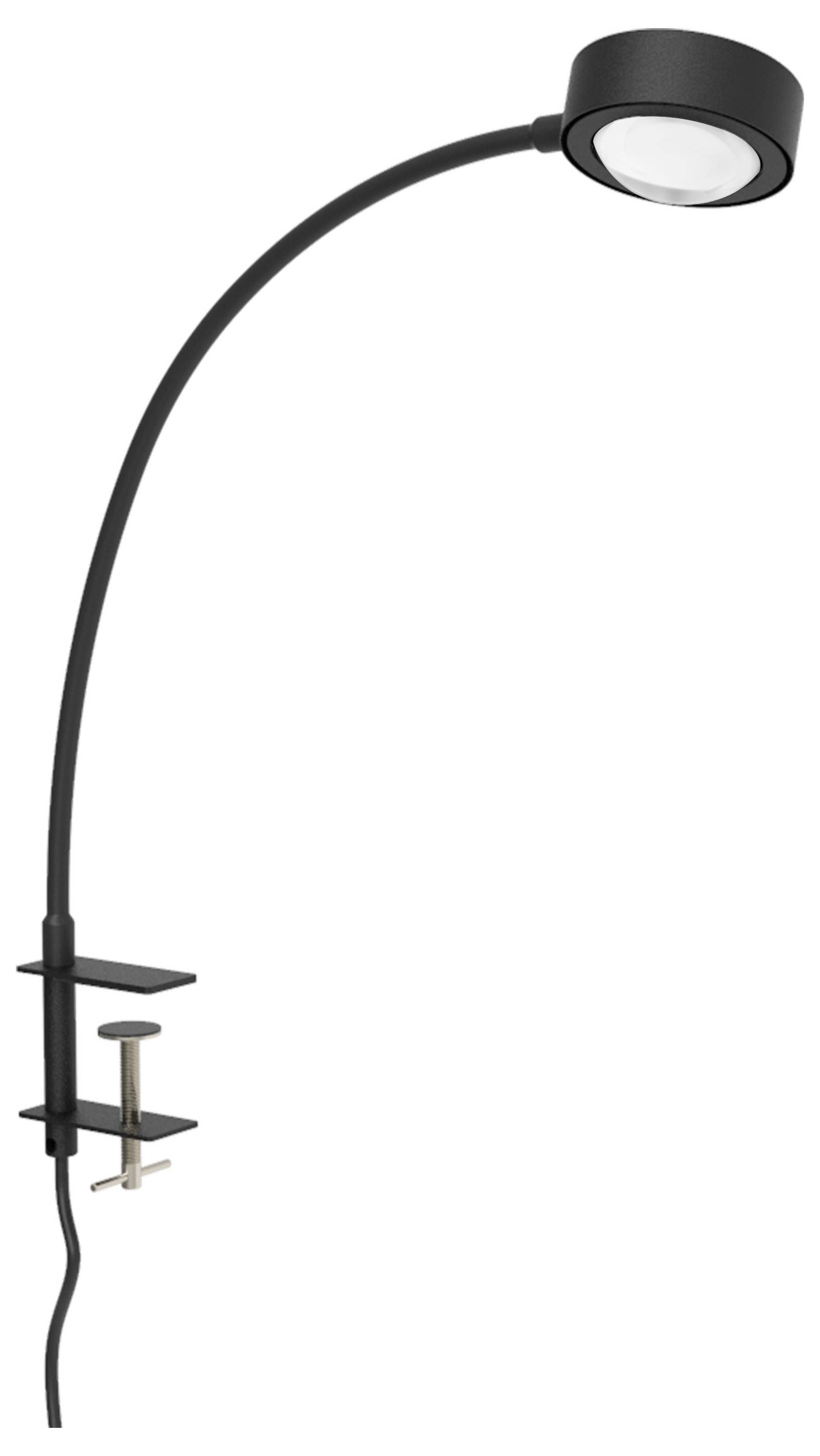 Čierna, zakrivená stolná lampa s okrúhlou lampovou hlavou a vypínačom, vhodná na upevnenie na stoly alebo police.