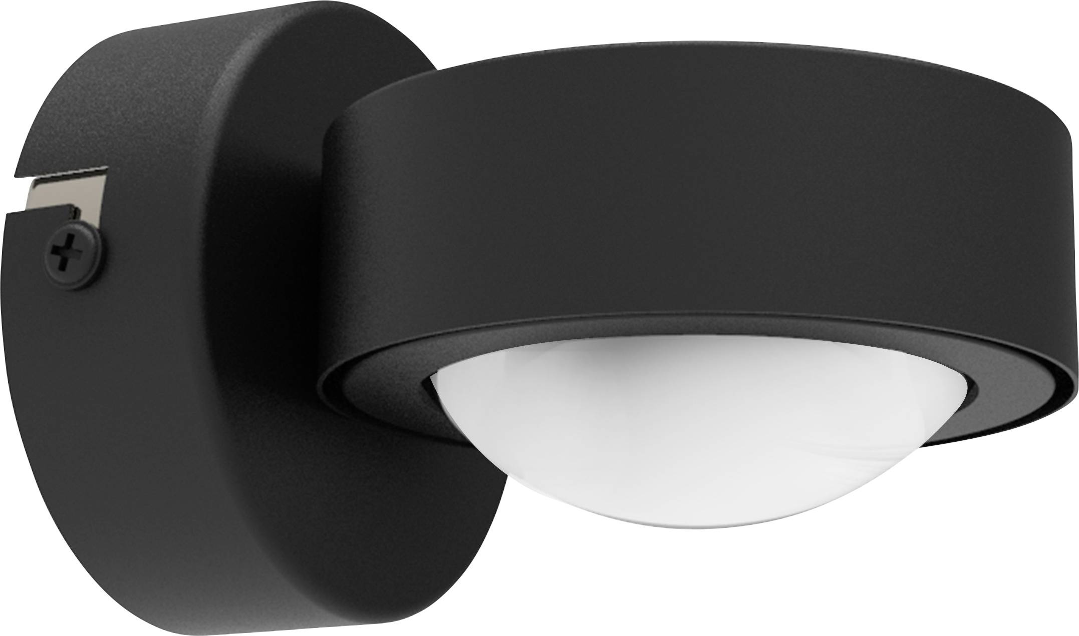 Nástenná lampa v modernom dizajne s okrúhlym čiernym telesom a bielym difúzorom, upevnená na čiernom držiaku na stenu.