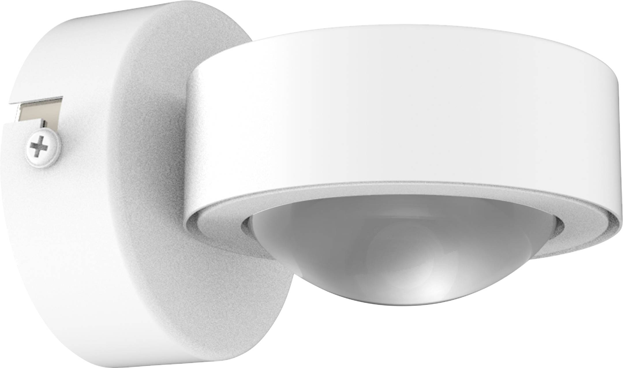 Biela, okrúhla nástenná lampa so širokým tienidlom a hladkým povrchom, namontovaná na držiaku na stenu pomocou skrutiek.