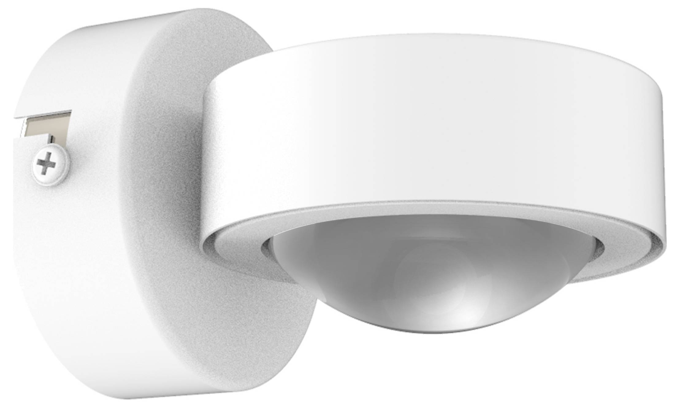 Biela nástenná lampa s okrúhlym telesom a polguľovitým difúzorom; moderný, minimalistický dizajn.