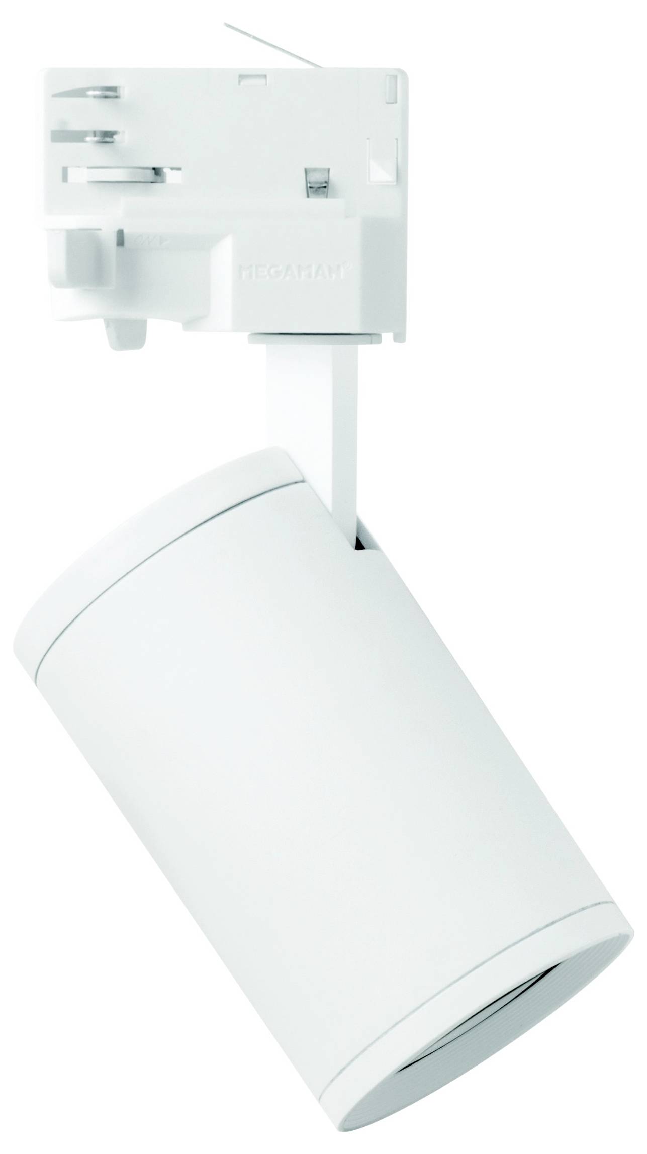 Biela LED stropná lampa s valcovým krytom a nastaviteľným držiakom na montáž na koľajnicu.