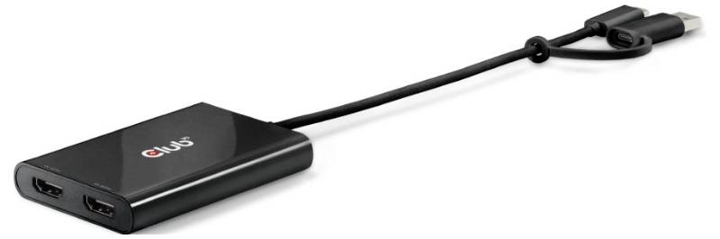 Čierny adaptér s dvoma HDMI portami a USB-C káblom, vhodný pre pripojenie zariadení s HDMI výstupom.