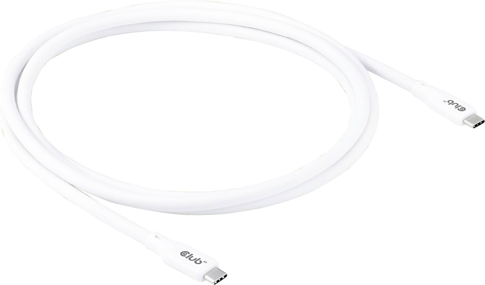 Biely USB-C kábel stočený do kruhu, ležiaci na bielom pozadí.