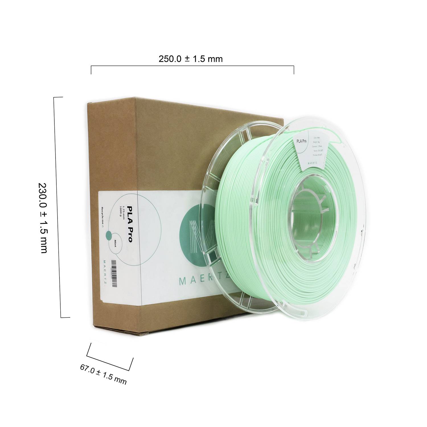Filamentová rolka v mätovozelenej farbe vedľa hnedého obalu. Rozmery: 250 mm, 2300 mm, 67 mm. Značka 'MAERT'. Produkt určený pre 3D tlač.