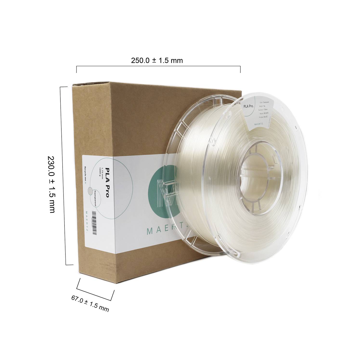 Priehľadná PLA Pro cievka filamentu, 1 kg, 1,75 mm, vedľa kartónu. Veľkosť balenia: 250 x 230 x 67 mm. Ideálne pre 3D tlač.