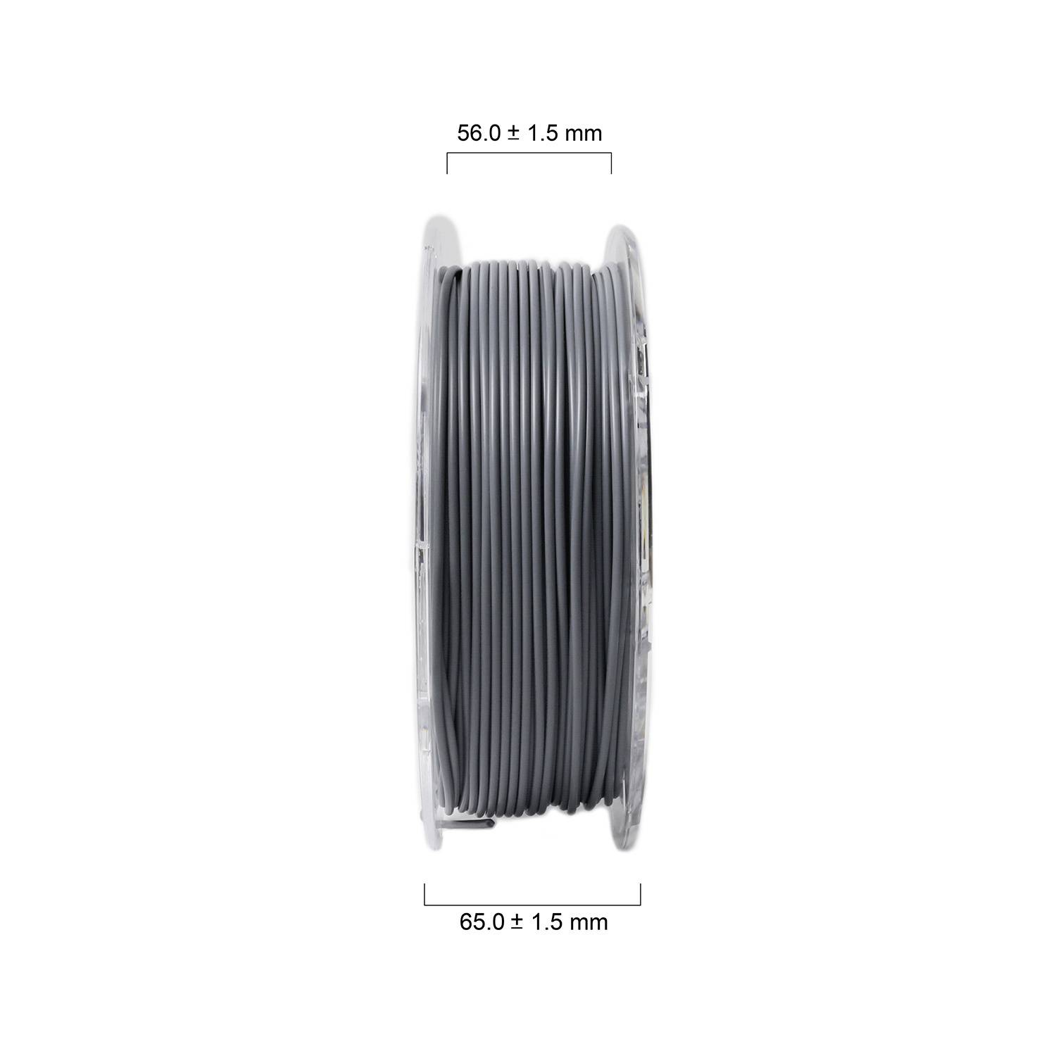 Cievka so sivým filamentom; priemer: 65 mm ± 1,5 mm, šírka: 56 mm ± 1,5 mm.