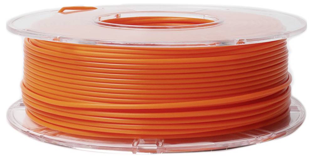 Rolka oranžového 3D tlačiarenského filamentu z plastu, navinutá na priehľadnej cievke.