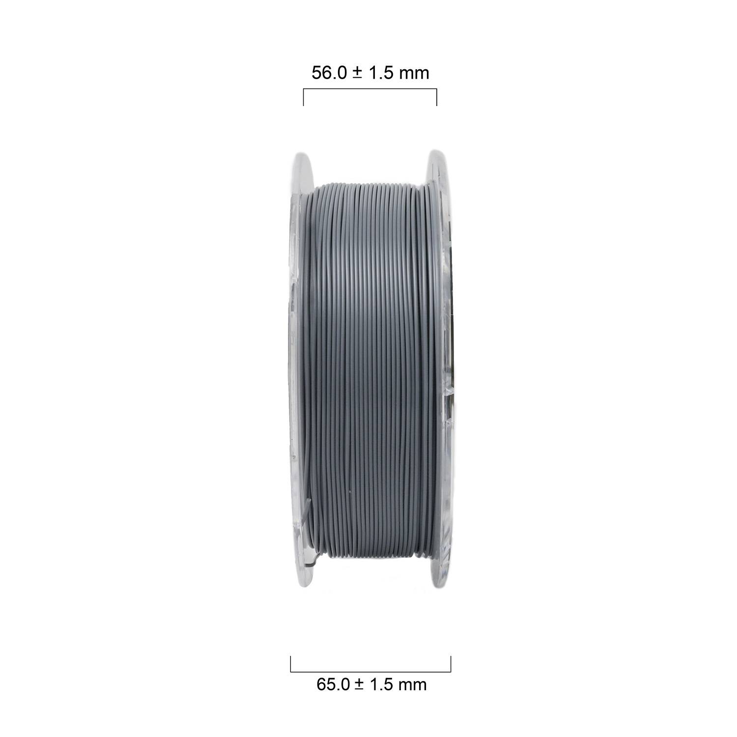 Kotúč so sivým filamentom pre 3D tlačiarne pohľad z boku, s rozmermi „56,0 ± 1,5 mm" výška a „65,0 ± 1,5 mm" šírka.