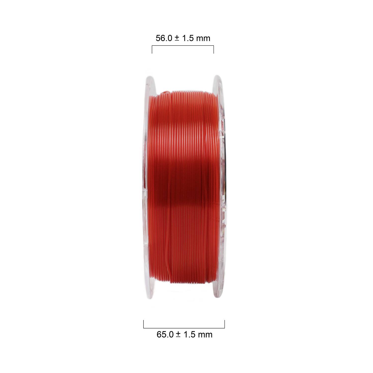 Červená cievka 3D tlačového filamentu, pohľad z boku, s rozmermi: priemer 56,0 ± 1,5 mm, šírka 65,0 ± 1,5 mm.