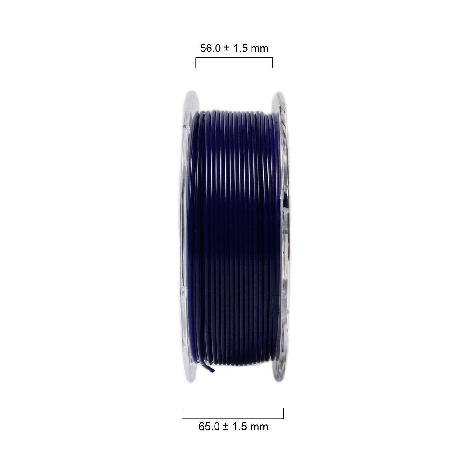 Cievka s tmavmodrým filamentom, priemer 65 mm a šírka 56 mm. Cievka je priehľadná a filament je rovnomerne navinutý.