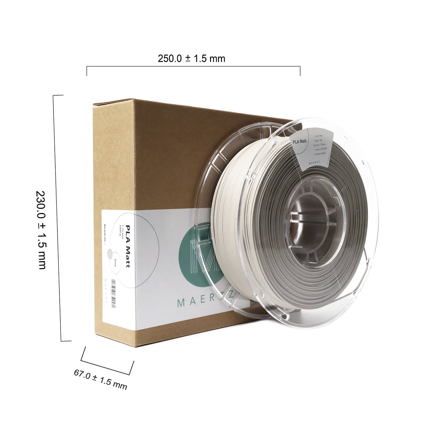 PLA filament na cievke, 1 kg, béžový, v kartónovom obale. Rozmery: šírka 67,0 ± 1,5 mm, výška 230,0 ± 1,5 mm, dĺžka 250,0 ± 1,5 mm.