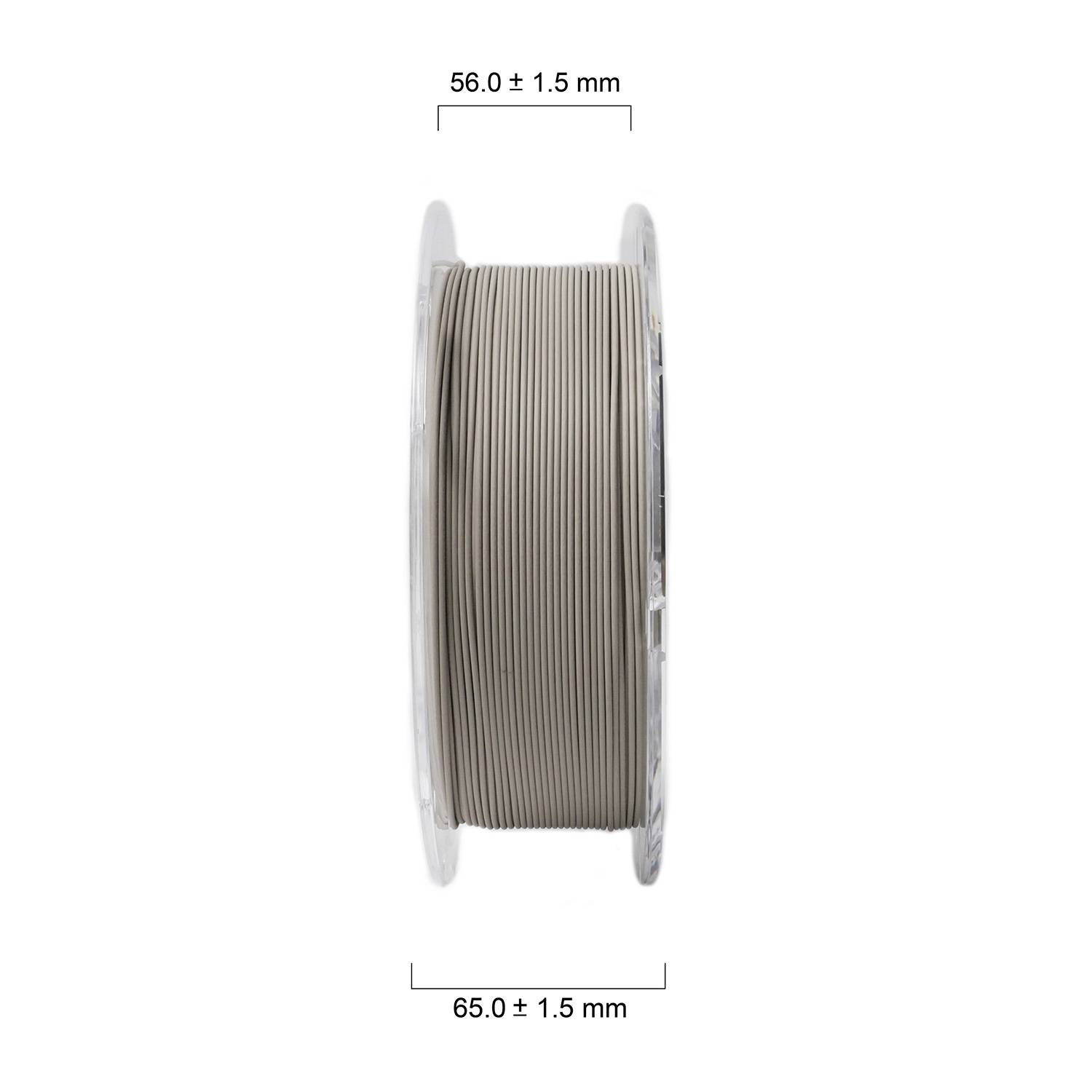 Kotúč so sivým filamentom pre 3D tlačiarne. Priemer kotúča je 65 mm a šírka 56 mm.