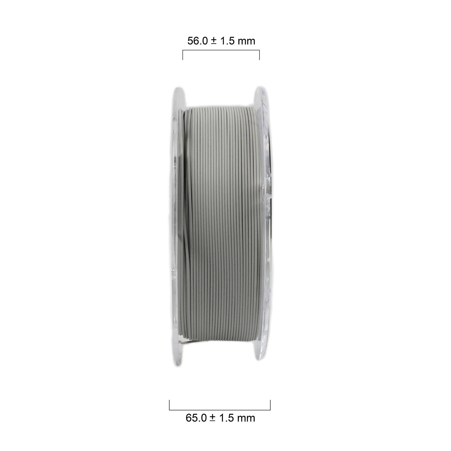 Sivá cievka filamentu v priehľadnom obale, zobrazená z boku. Rozmery: 56,0 ± 1,5 mm výška, 65,0 ± 1,5 mm priemer.