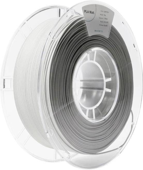 Rolka z light šedého, matného PLA filamentu pre 3D tlačiarne, čiastočne priehľadná s etiketou na vrchu cievky.