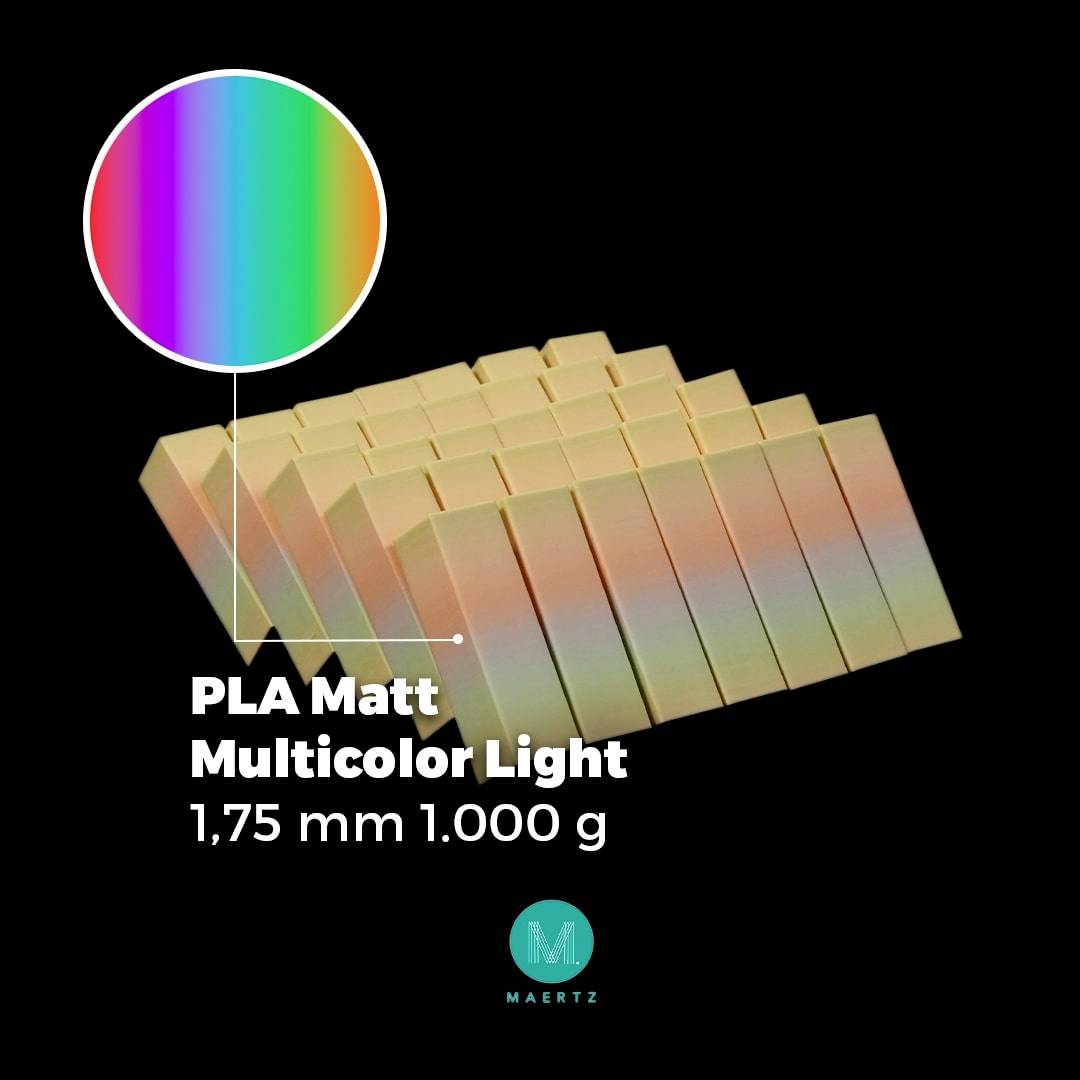 PLA-filament v matnom multifarebnom efekte vo forme kvádra, označenie: 'PLA Matt Multicolor Light 1,75 mm 1.000 g'.