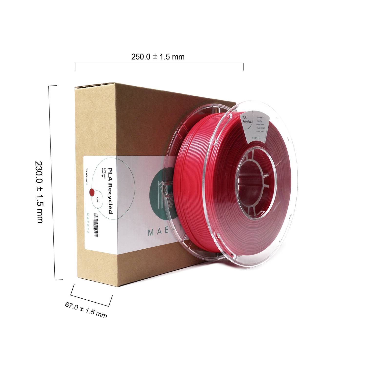 Recyklovaná PLA plastová rolka filamentu vedľa obdĺžnikového kartónu. Na kartóne sú vyznačené rozmery: 250x67x230 mm.