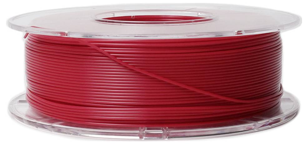 Kolík s červeným filamentom, ktorý sa používa pre 3D tlačiarne. Špulka je priehľadná a filament je starostlivo namotaný.