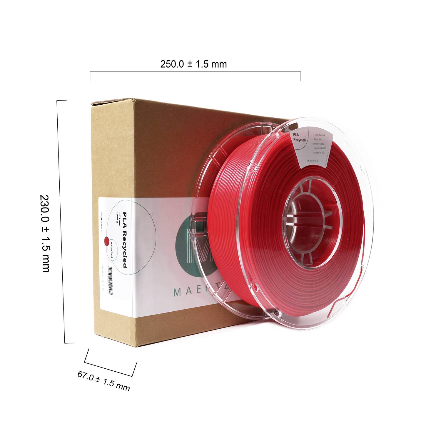Červená PLA-cievka filamentu vedľa hnedého boxu. Rozmery: výška 230 mm, šírka 250 mm, hĺbka 67 mm.