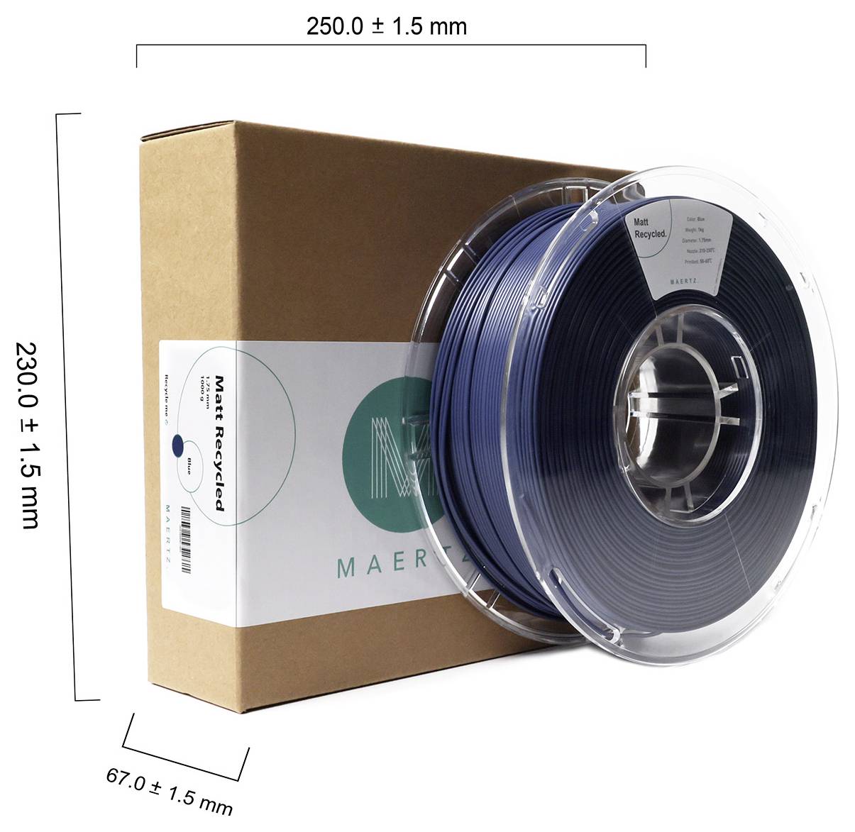 Cievka modrého 3D tlačového materiálu pred hnedou krabicou. Rozmery cievky: priemer 250 mm, výška 67 mm. Značka: MAERT.