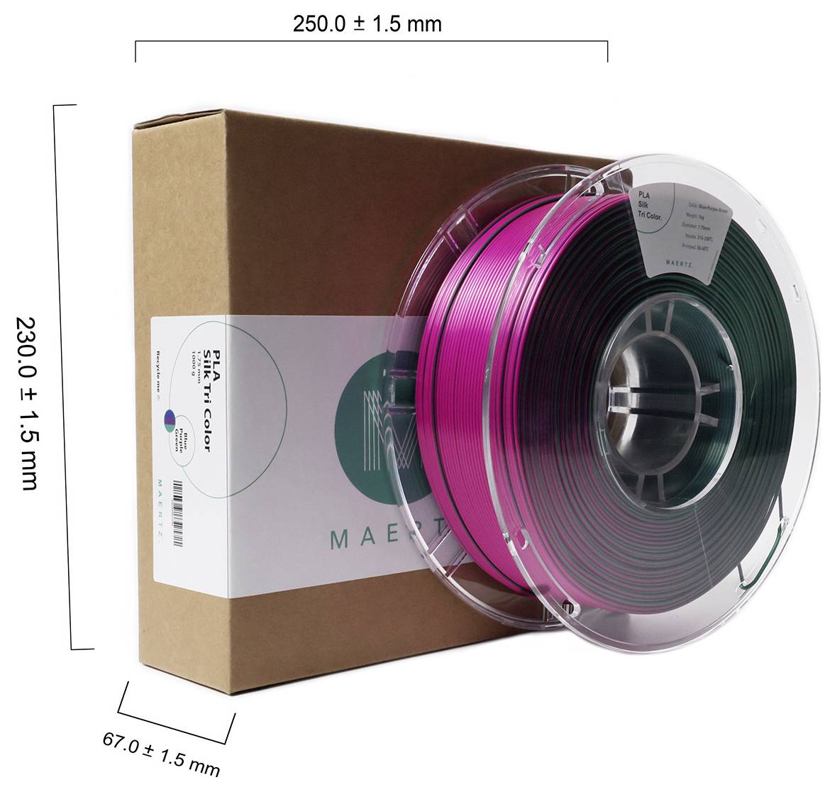 Cievka s filamentom pred kartónovou škatuľou. Rozmery: výška 230 mm, šírka 250 mm, hĺbka 67 mm. Filament v žiarivej ružovej farbe.