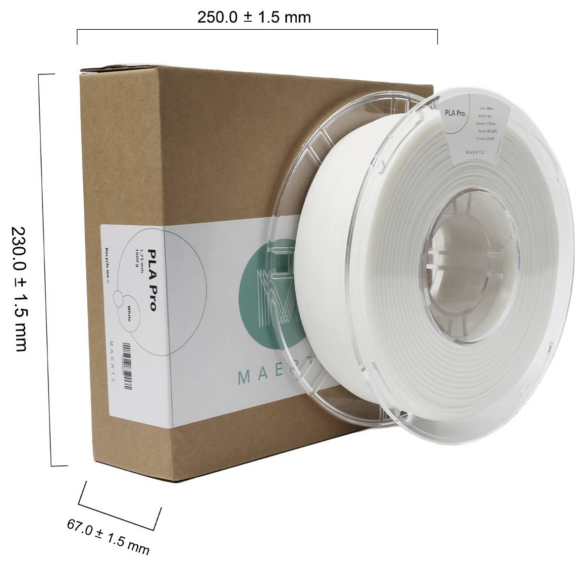 3D tlačiarenská rolka filamentu v bielej farbe na kartónovej škatuli s nápisom 'PLA Pro', rozmery: 230 x 250 x 67 mm.