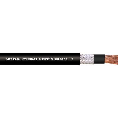 Kábel s nápisom 'LAPP KABEL STUTTGART ÖLFLEX CHAIN 90 CP'. Vľavo je plášť kábla, vpravo sú viditeľné jednotlivé vodiče.