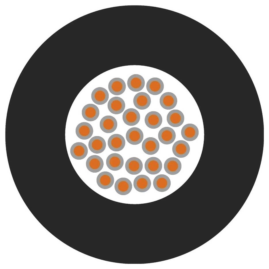 Symbol okrúhleho, čierneho kábla s viacerými oranžovými vodičmi vo vnútri. Technické znázornenie kábla.
