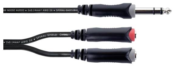 Audiokábel s 6,3-mm stereo jack konektorom na jednom konci a dvoma RCA konektormi (červený a čierny) na druhom konci.
