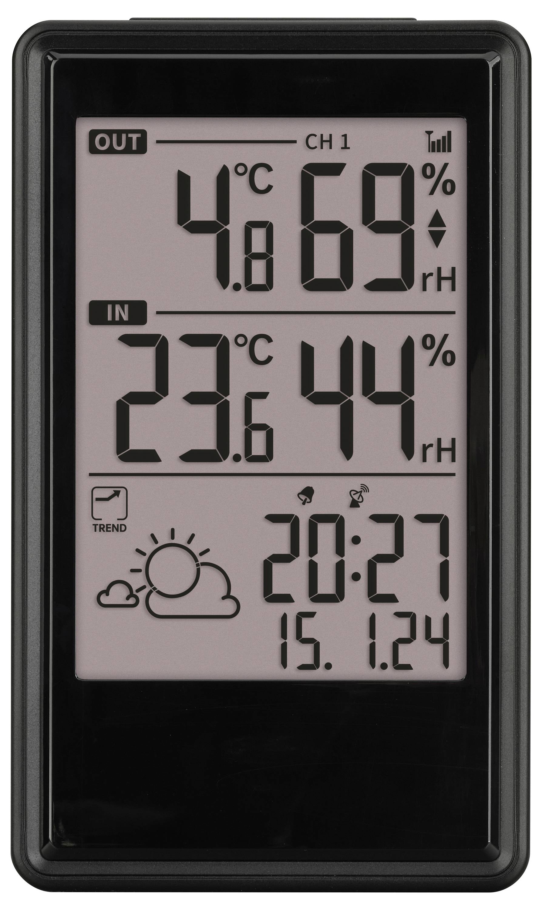 Digitálny teplomer ukazuje 'VONKU' 4,8°C, 69% vlhkosť; 'VNÚTRI' 23,6°C, 44% vlhkosť; čas 20:27, dátum 15.1.24, s trendom počasia slnečno.