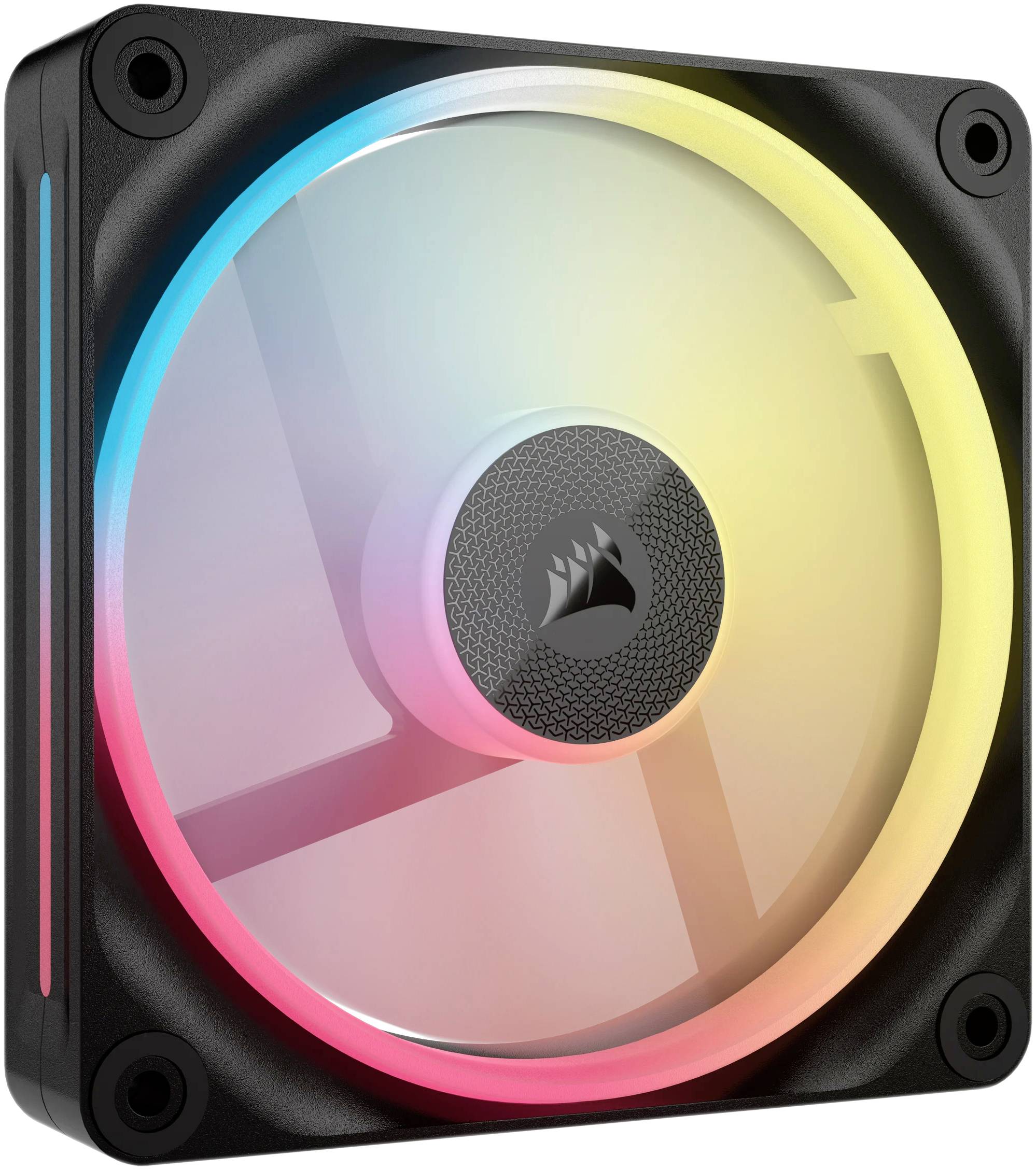 Počítačový chladič s ventilátorom s RGB podsvietením, ktorý svieti v meniacich sa farbách. Čierny rám, centrálne logo viditeľné.