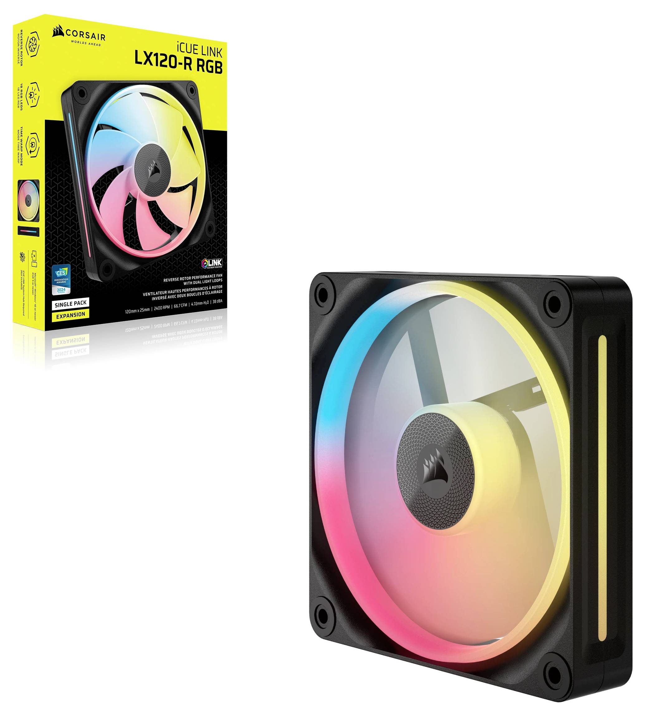 Corsair iCUE Link LX120-R RGB PC ventilátor so svetlom meniaceho sa farebného spektra, zobrazený pred jeho obalom s produktovými informáciami.