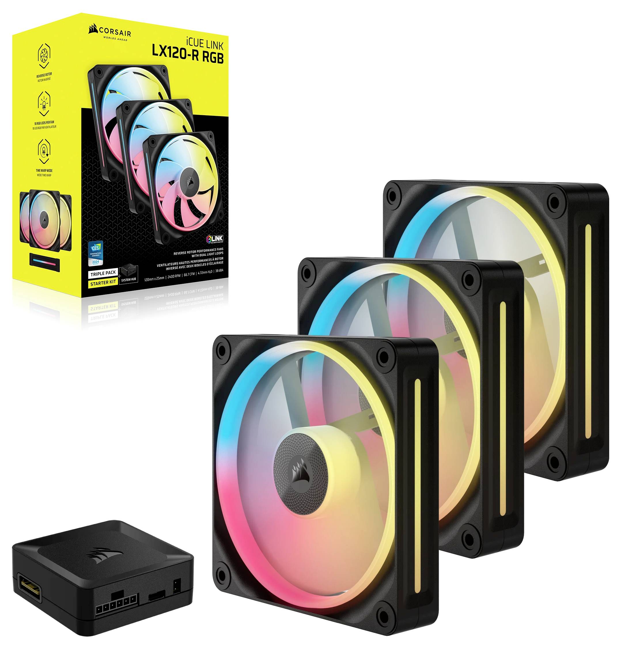 Tri RGB ventilátory a ovládací modul značky Corsair pred produktovou krabicou, ktoré ponúkajú farebné osvetlenie pre počítače.
